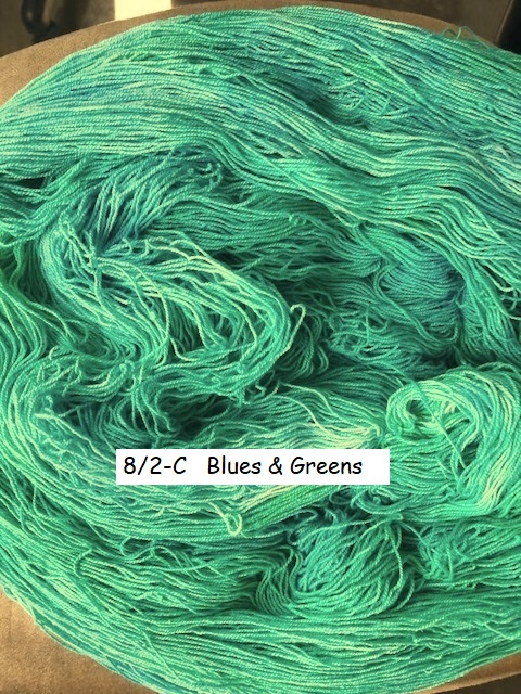 Hand-dyed 8/2 cotton and rayon yarn, 400 yard skein and 700 yard